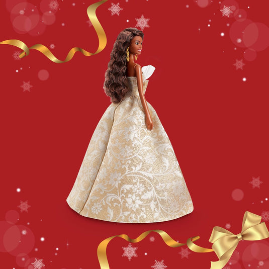 Barbie Signature 2025 Holiday Fashion Doll with Black Hair Wearing Silver & Gold Gown, Seasonal Collectible Includes Displayable Packaging & Doll Stand- JBJ01