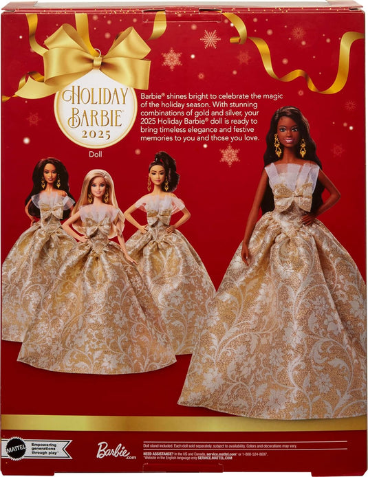 Barbie Signature 2025 Holiday Fashion Doll with Black Hair Wearing Silver & Gold Gown, Seasonal Collectible Includes Displayable Packaging & Doll Stand- JBJ01