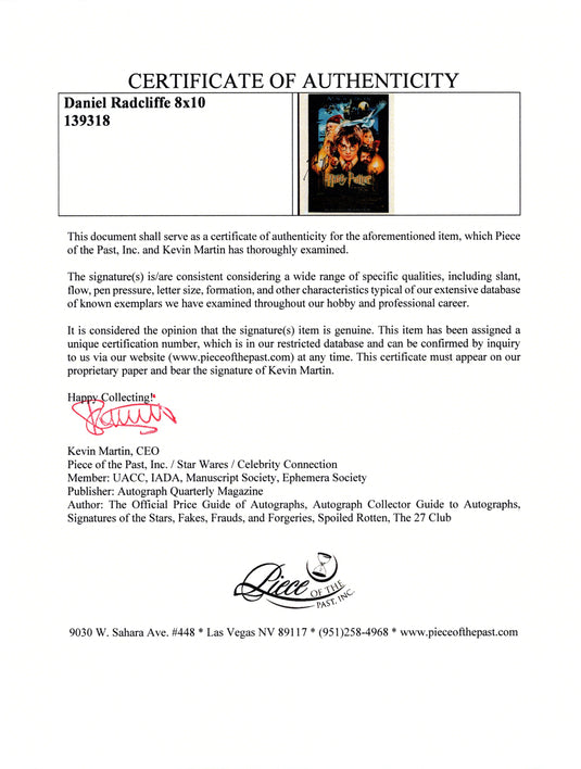 Certificate of authenticity – Daniel Radcliffe – Daniel Radcliffe signed photograph Harry Potter