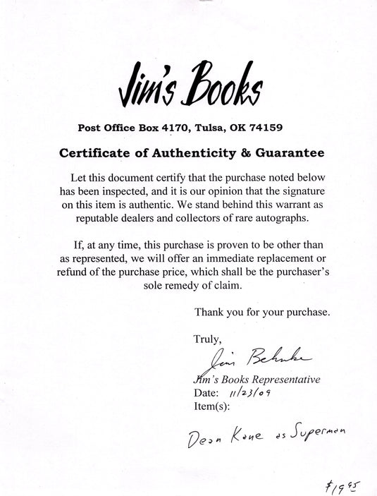 Certificate of authenticity – Dean Cain – Lois & Clark: The New Adventures of Superman - Signed Photo (Free Gift)