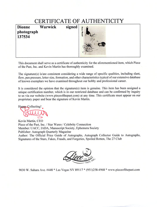 Certificate of authenticity – Dionne Warwick – Dionne Warwick signed photograph