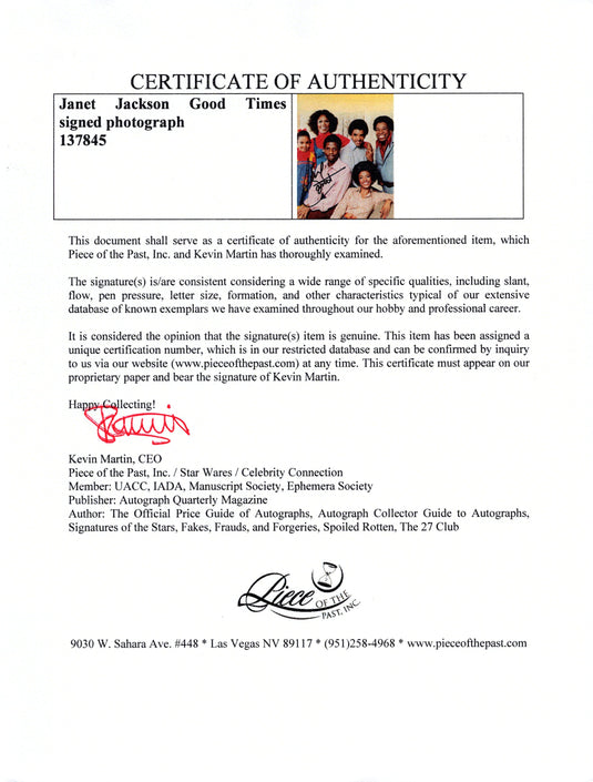 Certificate of authenticity – Janet Jackson – Janet Jackson Good Times signed photograph