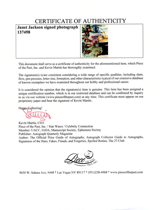 Certificate of authenticity – Janet Jackson – Janet Jackson signed photograph