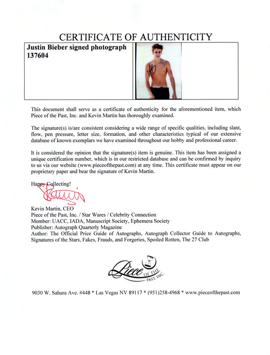 Certificate of authenticity – Justin Bieber – Justin Bieber signed photograph