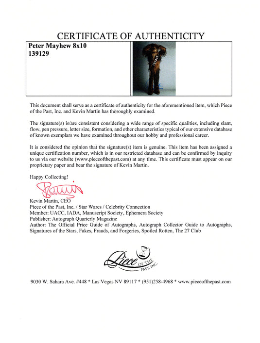 Certificate of authenticity – Peter Mayhew – Peter Mayhew signed Star Wars photograph