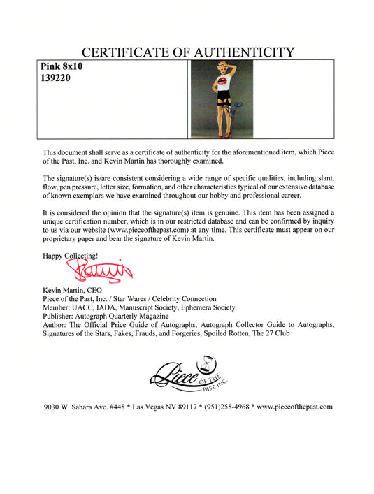 Certificate of authenticity – Pink – Pink signed photograph