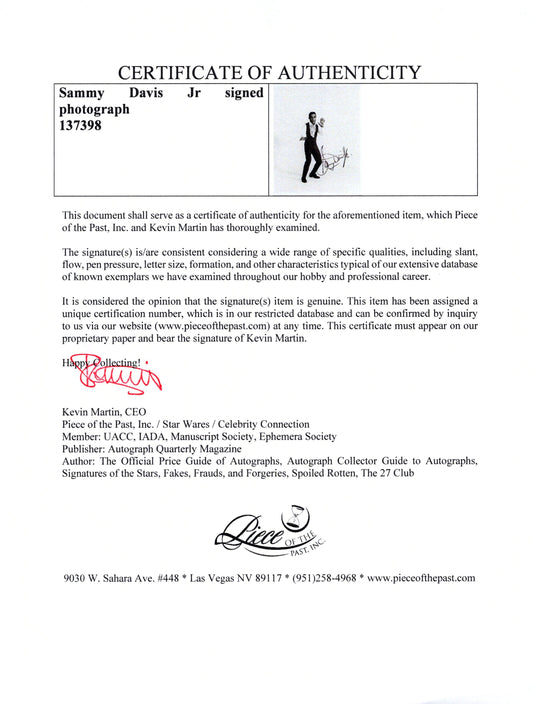 Certificate of authenticity – Sammy Davis Jr. – Sammy Davis Jr signed photograph