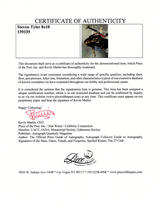 Certificate of authenticity – Steven Tyler – Steven Tyler signed photograph