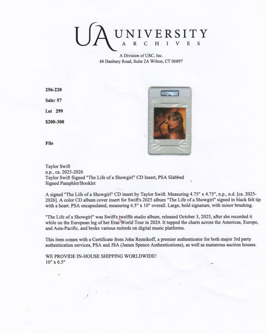 Certificate of authenticity – Taylor Swift – Signed "The Life of a Showgirl" CD insert, PSA slabbed