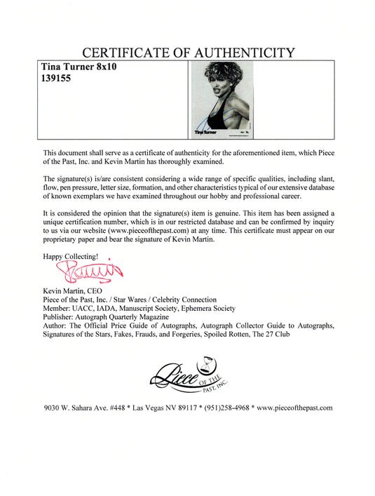 Certificate of authenticity – Tina Turner – Tina Turner signed photograph